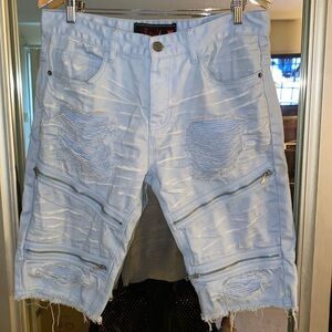 Men’s smoke rise ripped white painted light blue denim jean shorts size W 34